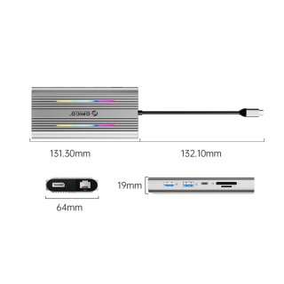 HUB 12w1 USB-C - USB-A USB-C HDMI DisplayPort RJ45 SD/microSD 4K PD 100 W RGB - srebrny