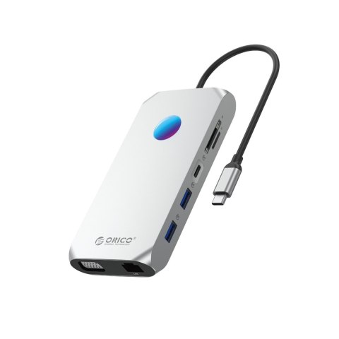 HUB 12w1 USB-C - USB-A USB-C HDMI VGA microSD/SD RJ45 audio 3.5 mm PD 100W 4K RGB - srebrny