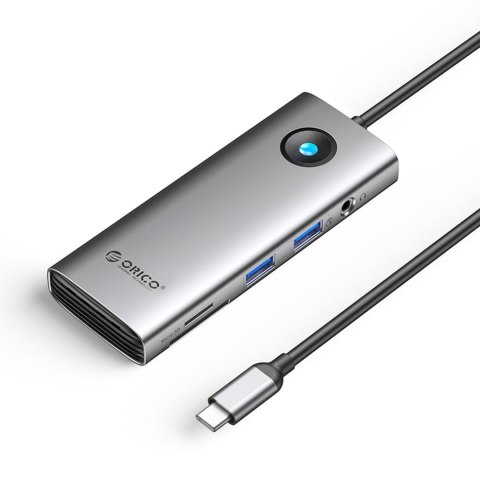 HUB 8w1 USB-C - USB-A USB-C HDMI SD microSD RJ45 mini jack PD 100W 4K 60Hz - szary