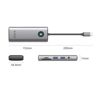 HUB 8w1 USB-C - USB-A USB-C HDMI SD microSD RJ45 mini jack PD 100W 4K 60Hz - szary