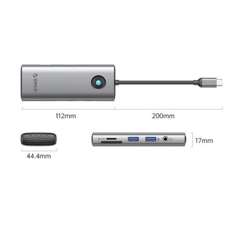 HUB 8w1 USB-C - USB-A USB-C HDMI SD microSD RJ45 mini jack PD 100W 4K 60Hz - szary