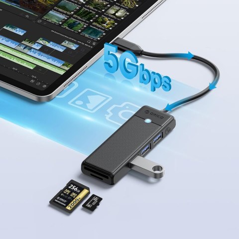 HUB adapter 4-portowy USB-C - USB-A czytnik kart SD microSD 1.8 m - czarny