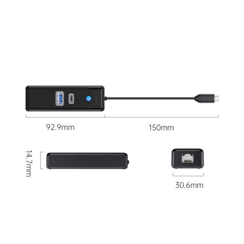 HUB rozdzielacz 3-portowy USB-C - USB-A USB-C RJ45 Gigabit Ethernet 0.15 m - czarny
