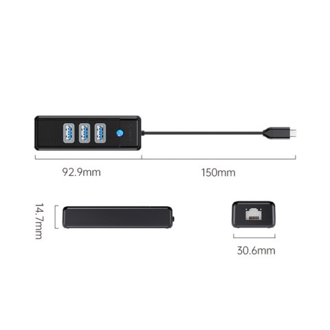 HUB rozdzielacz 4-portowy USB-C - USB-A RJ45 2.5G Ethernet 0.15 m - czarny