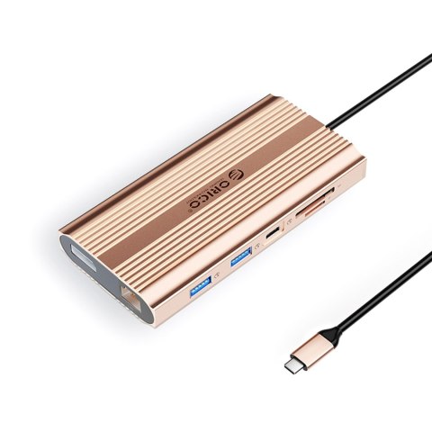 HUB stacja 12w1 USB-C - USB-A USB-C HDMI DisplayPort RJ45 SD PD 100W 4K 1000Mbps - różowo złota