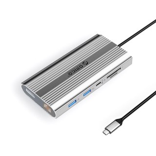 HUB stacja 12w1 USB-C - USB-A USB-C HDMI DisplayPort RJ45 SD PD 100W 4K 1000Mbps - srebrna
