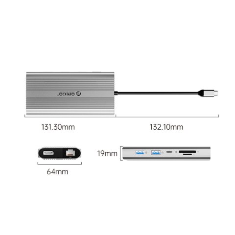 HUB stacja 12w1 USB-C - USB-A USB-C HDMI DisplayPort RJ45 SD PD 100W 4K 1000Mbps - srebrna