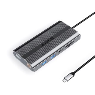 HUB stacja 12w1 USB-C - USB-A USB-C HDMI DisplayPort RJ45 SD PD 100W 4K 1000Mbps - szara
