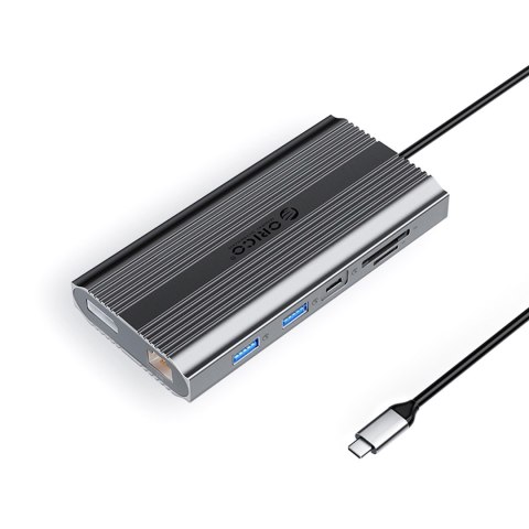 HUB stacja 12w1 USB-C - USB-A USB-C HDMI DisplayPort RJ45 SD PD 100W 4K 1000Mbps - szara