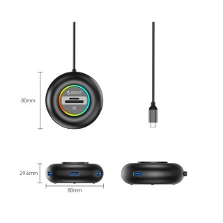 Hub adapter 4-portowy USB-C - USB-A SD microSD RGB 0.3 m - czarny