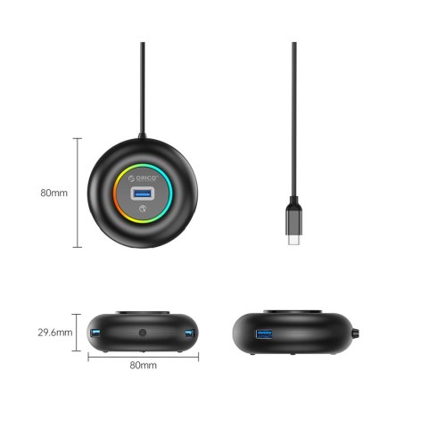 Hub adapter 4-portowy USB-C - USB-A mini jack RGB 0.3 m - czarny