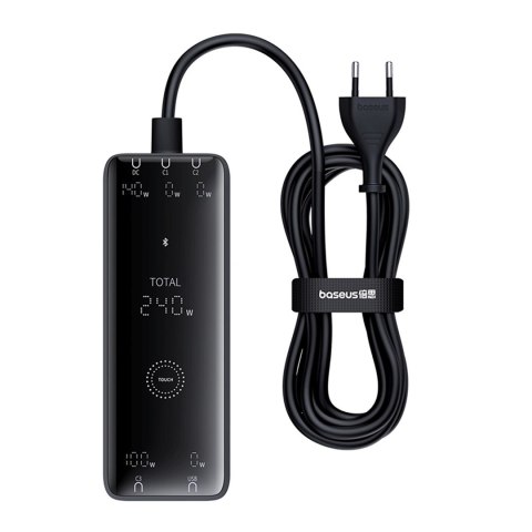 Ładowarka sieciowa USB-A USB-C GaN 240W z kablem zasilającym - czarna
