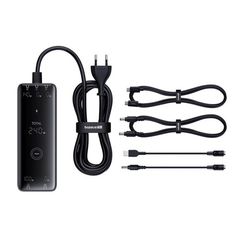 Ładowarka sieciowa USB-A USB-C GaN 240W z kablem zasilającym - czarna