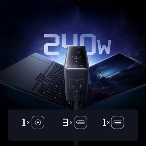 Ładowarka sieciowa USB-A USB-C GaN 240W z kablem zasilającym - czarna