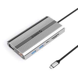 Stacja dokująca 12w1 USB-C - USB-A USB-C HDMI VGA RJ45 SD microSD PD 100W - srebrna