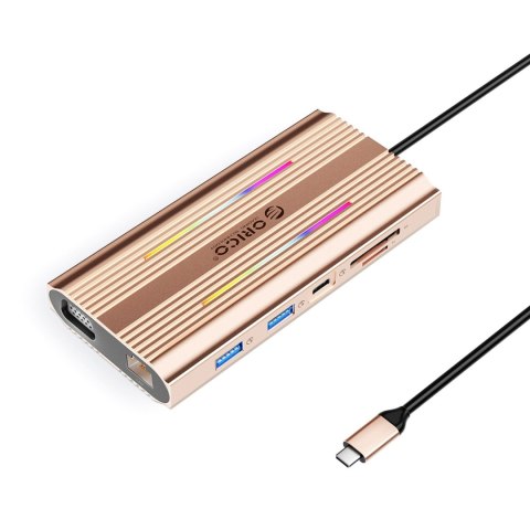 Stacja dokująca HUB 12w1 USB-C - USB-A USB-C HDMI VGA RJ45 SD PD 100W 4K 1000Mbps RGB - różowo złota