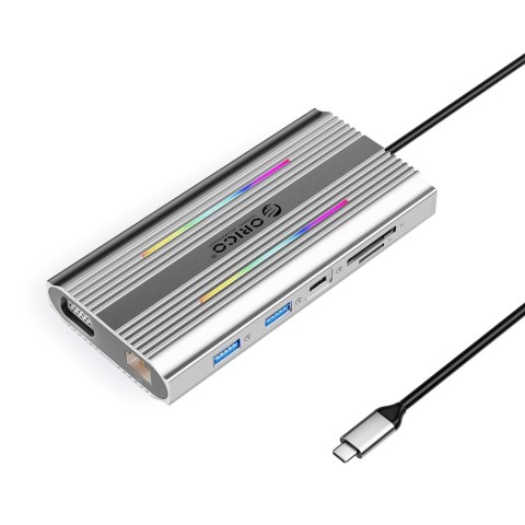 Stacja dokująca HUB 12w1 USB-C - USB-A USB-C HDMI VGA RJ45 SD PD 100W 4K 1000Mbps RGB - srebrna