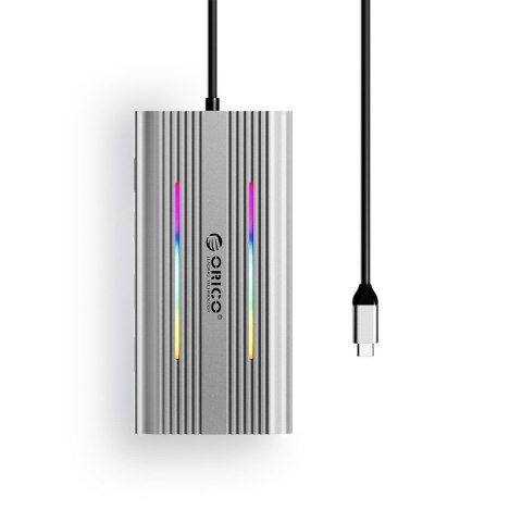Stacja dokująca HUB 12w1 USB-C - USB-A USB-C HDMI VGA RJ45 SD PD 100W 4K 1000Mbps RGB - srebrna