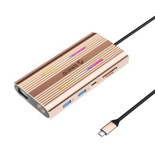 Stacja dokująca HUB 12w1 USB-C - USB-A USB-C HDMI VGA RJ45 SD microSD PD 100W 4K RGB - różowo złota