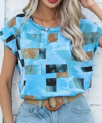 T-shirt damski aztecki wzór geometryczny, niebieski, S
