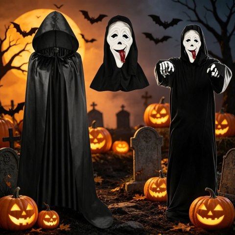 Kostium na Halloween czarny płaszcz 150 cm z białą maską