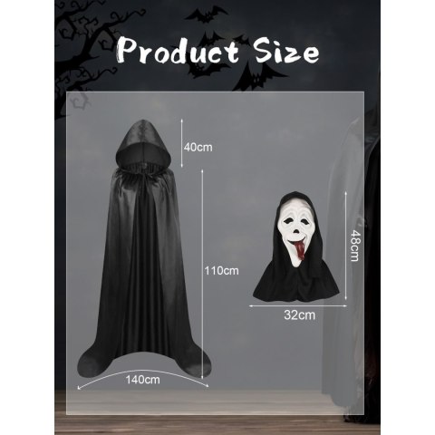 Kostium na Halloween czarny płaszcz 150 cm z białą maską
