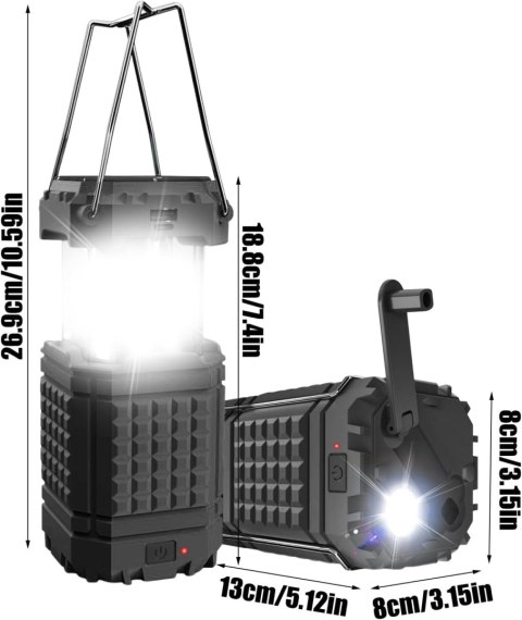 Lampa kempingowa 3w1 z ładowaniem solarnym, 200LM, wodoodporna IPX4