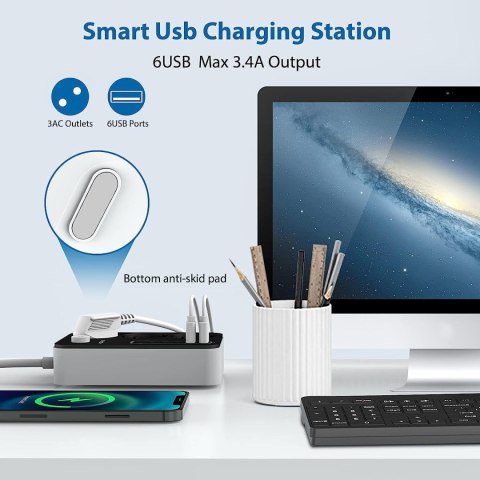 Listwa zasilająca z 3 gniazdami i 6 portami USB