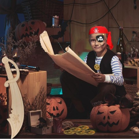 Zestaw 9 kostiumów pirackich z akcesoriami, bandana, hak, złote monety