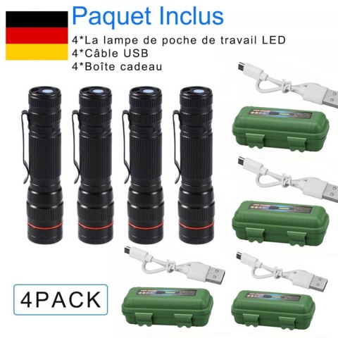 Latarka LED USB ładowana taktyczna z zoomem 4 sztuki