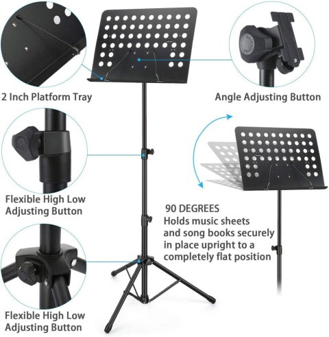 Statyw muzyczny regulowany z podstawą tripod, stalowy, czarny, wysokość 63,5-150 cm