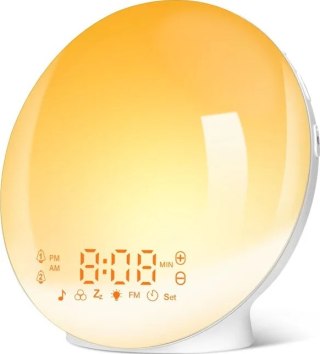 Zegar budzik LED z lampą, FM radio, 20 poziomów jasności, symulator wschodu i zachodu słońca