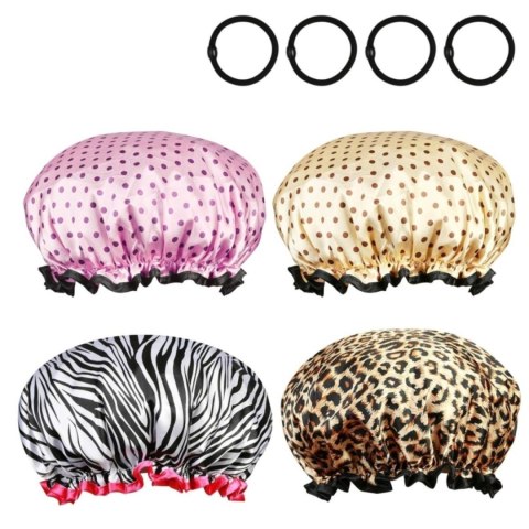 Czapki prysznicowe zestaw 4 szt. w kropki, panterka, zebra