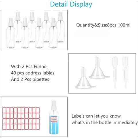 Zestaw podróżny 12-elementowy, 8 butelek 100 ml, 2 lejki i 2 pipety