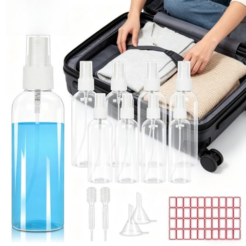 Zestaw podróżny 12 elementów, 8 butelek spryskujących 100 ml, lejek, pipety, etykiety