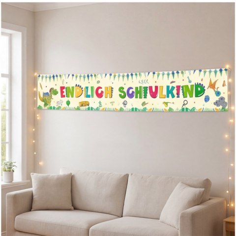 Baner na pierwsze dni szkoły z żółtym dinozaurem