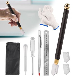 Zestaw narzędzi do cięcia szkła 6-częściowy: profesjonalny diamentowy cutter, 3 wymienne ostrza (2-20 mm), akcesoria