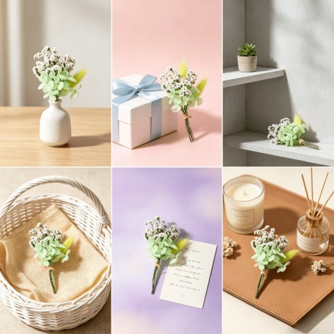 Zestaw suszonych kwiatów do DIY - 6 sztuk, zieleń, kwiaty hortensji, trawa królika, kryształy kwarcu