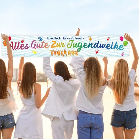Baner na imprezę młodzieżową z białego materiału z złotymi akcentami