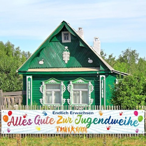 Baner na imprezę młodzieżową z białego materiału z złotymi akcentami