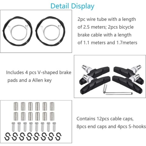Zestaw kabli hamulcowych do roweru z wkładkami V-brake, 2 kable, 4 wkładki, klucz M5