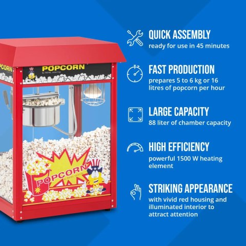 Maszyna urządzenie do prażenia popcornu retro 1500 W 5 kg/h - czerwona