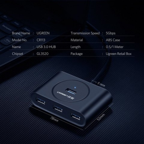 Rozdzielacz HUB portu USB do 4x USB 3.2 kabel 0.5 m czarny
